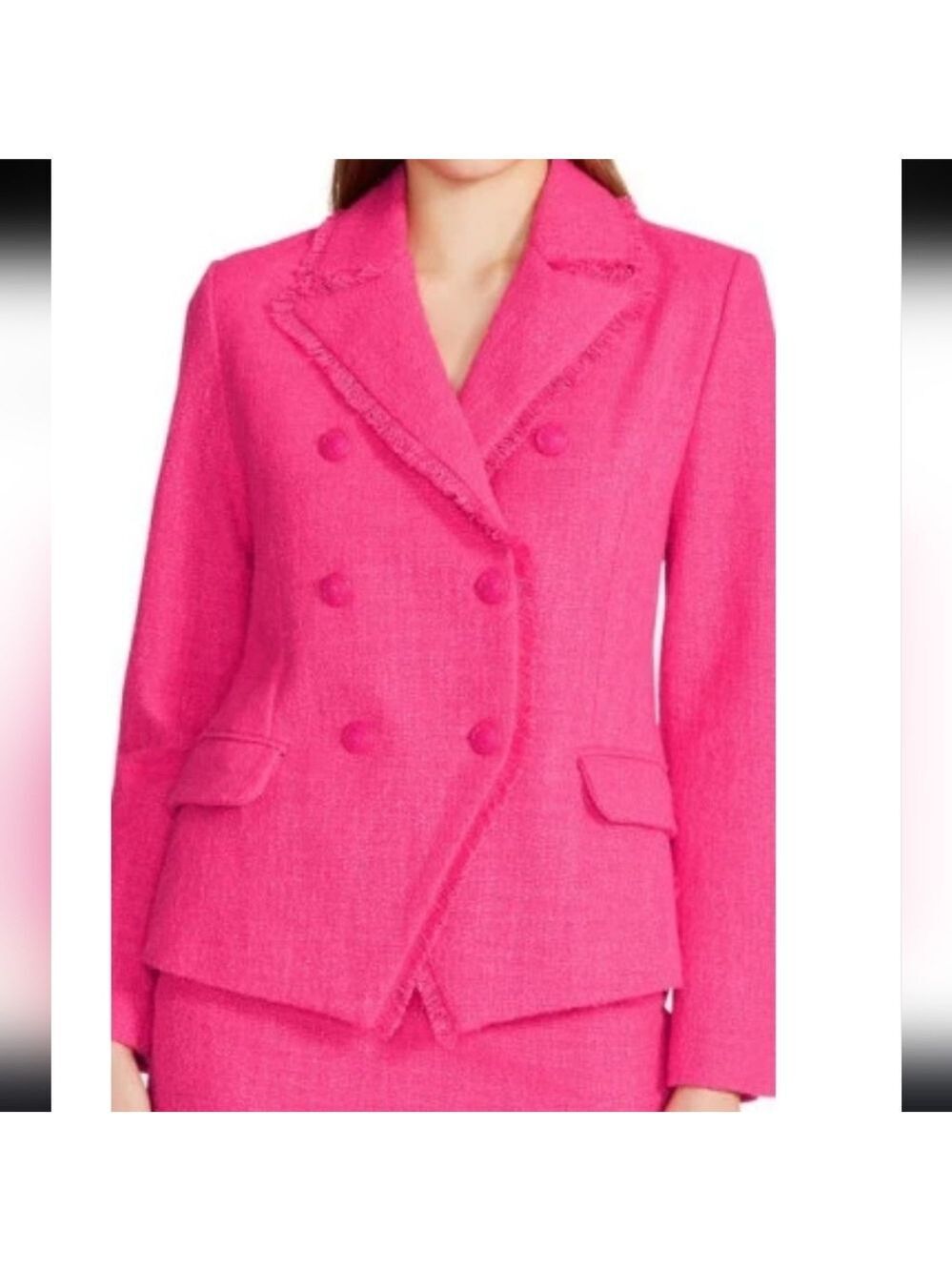 Steve Madden Pink Double Breated Tweed Blazer Cropped Tailored Frayed Edges